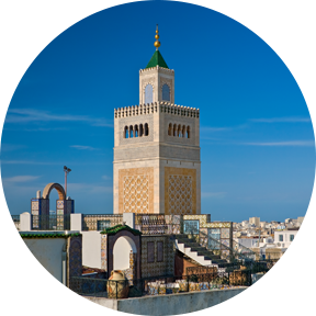 Blick auf die Altstadt (Medina) von Tunis vom Dach des Palais d'Orient aus. In der Mitte ist das Minarett der Zitouna-Moschee zu sehen.